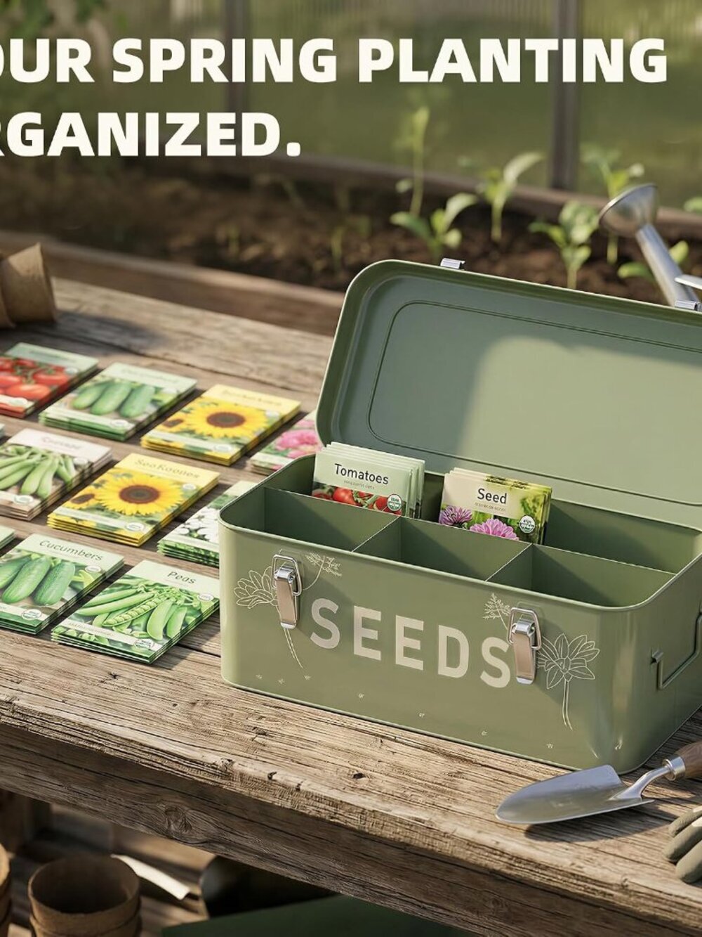 Metal Seed Storage Organizer, 4 Compartments, Vintage Dark Green - Picture 6 of 9